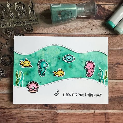 Maartje Kraaijenhagen on Instagram: “I sea it’s your birthday! To make the little sea critters really stand out, I kept the design quite clean and simple. This is also my entry…” Ocean Theme Birthday, Handmade Greeting Card Designs, Ocean Birthday, Nautical Cards, Fishing Cards, Mermaid Diy, Lawn Fawn Cards, Fishing Birthday, It's Your Birthday