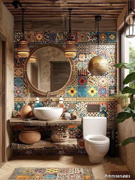 Costa Rica Bathroom Ideas, Small Turkish Bathroom Ideas, Spanish Bathroom Hacienda Style Mexican Tiles, Mixed Tile Bathroom Wall, Bathroom Mixed Tiles, Wall Hanging Rug, Decorated Ceilings Ideas, Bathroom Ideas Warm Tones, Round Mirror On Wall