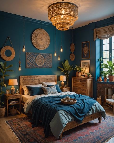 Jewel Tone Blue Bedroom, Teal Boho Bedroom Ideas, Bedroom Decor With Blue Walls, Blue Moroccan Bedroom, Dark Teal Boho Bedroom, Earthy Bedroom Blue, Cozy Blue Bedroom Ideas, Master Bedrooms Boho, Interior Inspo Bedroom