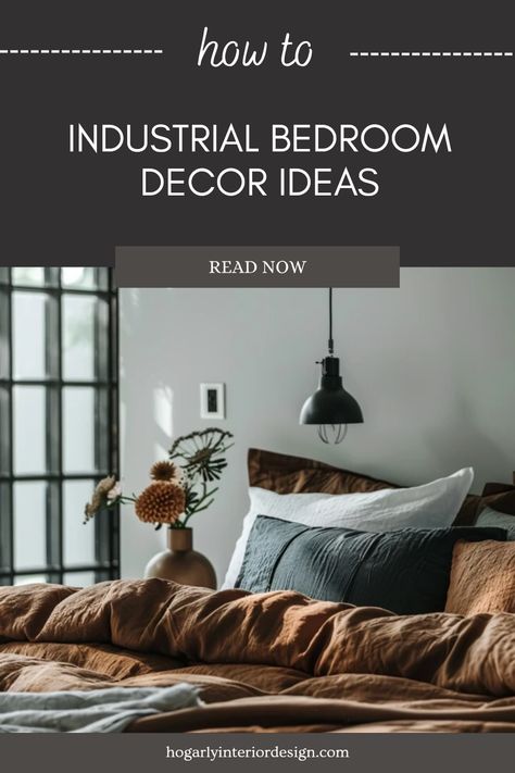 A pin showcasing trendy industrial bedroom decor ideas with rustic furniture and ambient lighting suitable for home decoration. Industrial Boho Decor Bedroom, Industrial Bedroom Decor Ideas, Modern Industrial Bedroom Design, Steam Punk Bedroom, Soft Industrial Decor, Industrial Boho Decor, Modern Industrial Bedroom, Industrial Interior Bedroom, Industrial Modern Bedroom