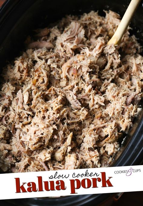 Kalua Crock Pot Pulled Pork is a Hawaiian spin on pulled pork! It’s super easy to make in your slow cooker and you only need 3 ingredients. #cookiesandcups #kaluapork #pork #pulledpork #crockpot #slowcooker Coke Pulled Pork, Kalua Pulled Pork, Pulled Pork Crock, Easy Pulled Pork Crock Pot, Crock Pot Pulled Pork, Hawaiian Pulled Pork, Crock Pot Pulled Pork Recipe, Pork Crockpot Recipes, Slow Cooker Recipes Pork