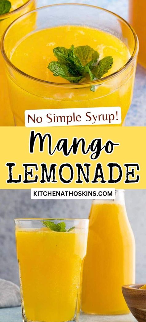 Learn how to make homemade mango lemonade recipe without simple syrup and with fresh mangoes. This non alcoholic summer drink is perfect for kids or for a party. Get the easy mango lemonade recipe at kitchenathoskins.com. Yummy Summer Drinks Non Alcoholic, Fruit Drinks Non Alcoholic, Mango Drink Recipes, Mexican Lemonade, Pretty Lemonade, Lemonade Recipe Homemade, Lemonade With Lemon Juice, Mango Lemonade Recipe, Mango Drink