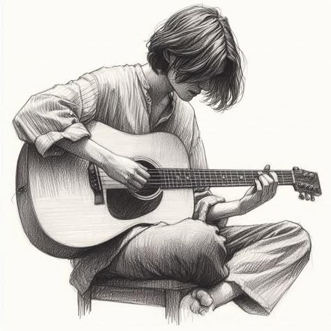 This detailed pencil sketch captures a serene moment of a guitarist deeply engrossed in playing an acoustic guitar. The artist beautifully illustrates the musician's slightly bowed head and flowing hair, emphasizing the tranquility and concentration in their posture. The loose-fitting shirt and casual seating position add a sense of relaxed creativity to the scene. #rock #guitar #draw#drawing #pencil #painting  #alexturner #arcticmonkeys #guitarist #indierock #sketch #art #artwork #blackandwhite #love #rockband #vocalist Person Playing Guitar Reference Drawing, Someone Playing Guitar Reference, Guy Playing Guitar Sketch, Girl Playing Guitar Drawing, Guy Playing Guitar Drawing, Playing The Guitar Drawing, Person Playing Guitar Drawing, Man Playing Guitar Drawing, Detailed Drawings Pencil