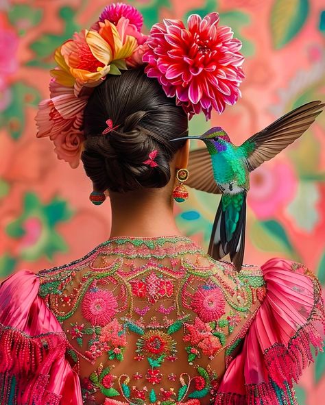 Chicana Fashion, Hummingbird Inspired Outfit, Hummingbird Inspired Fashion, Acrylic Face Painting, Aztec Hummingbird Art, Female Hummingbird, Mexican Clothing Style, Hummingbird Surrealism, Frida Kahlo Portraits