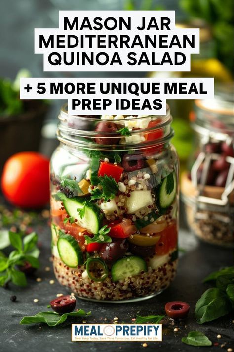 A mason jar salad filled with quinoa, olives, cucumbers, tomatoes, and feta cheese offering meal prep ideas for busy professionals. Simple Meal Prep Ideas, Mason Jar Meal Prep, Simple Meal Prep, Easy Meal Prep Recipes, Overnight Chia Pudding, Mediterranean Quinoa, Mediterranean Quinoa Salad, Pan Chicken Fajitas, Salad Easy