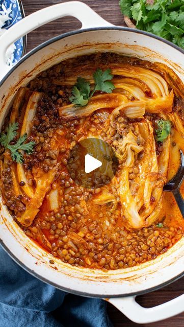 Rene Barker on Instagram: "To say I’m in love with this Braised Cabbage & Lentils recipe is an understatement 😊 It all started when I was checking out the produce section at the store and saw the BIGGEST head of napa cabbage I’ve ever seen. I didn’t know what I was going to do with it, but I knew I needed it. And this recipe is the love child of that grocery trip. This recipe has simple ingredients, is super cozy and gives off fancy vibes without being too much work. You will definitely impress people when you place this on the center of your table!

Comment “RECIPE” to get this recipe 🤗 or use the link in my bio!

#thissavoryvegan #cabbage #lentils #eatyourveggies #veggielover #veganentree" Vegetarian Cabbage Recipes, Being Too Much, Weekday Recipes, Lentils Recipe, Too Much Work, Vegetarian Ideas, Braised Cabbage, Vegan Entree, Weekday Meals