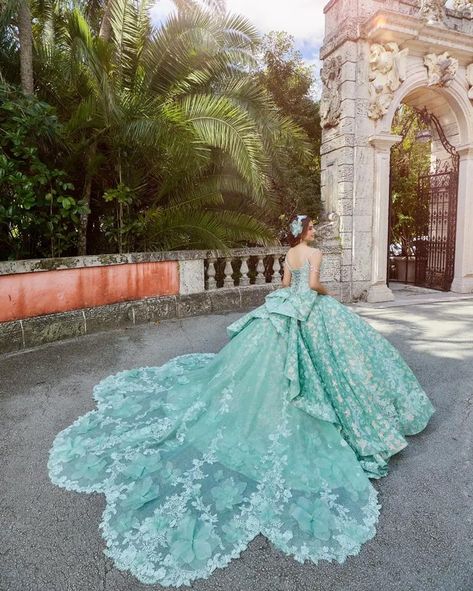 Green Quinceanera Dresses | Princesa by Ariana Vara Teal Quinceanera Dresses, Modesty Panel, Detachable Train, Organza Flowers, Best Designers, Quinceanera Dress, Quinceanera Dresses, Quinceanera, Ball Gown