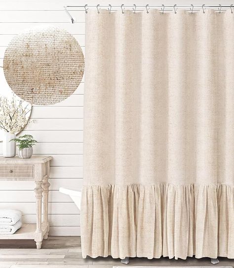 Amazon.com: Awellife Linen Farmhouse Shower Curtain with A Ruffle Shower Curtain for Bathroom, Beige Natural 72"x72" 12 Hooks : Home & Kitchen Ruffled Shower Curtain, Ruffle Shower Curtain, Bathroom Beige, Ruffle Shower Curtains, Farmhouse Shower Curtain, Farmhouse Shower, Bath Store, Small Balcony Decor, Bath Ideas