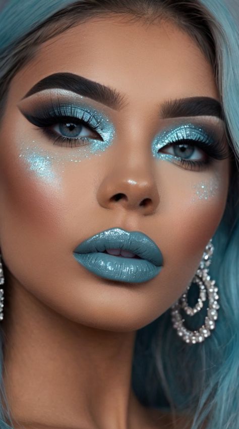 Pastel Blue Makeup Looks, Light Blue Prom Makeup, Blue Prom Makeup, Teal Makeup, Light Blue Prom, Xmas Makeup, Egyptian Makeup, Korean Makeup Tips, Blue Makeup Looks