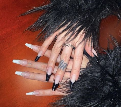 Black And White French Tip Nails Coffin, Goth Nails Blue, Primark Nails, Black And White French, Purple Acrylic Nails, Plain Nails, Goth Nails, Edgy Nails, Cute Acrylic Nail Designs