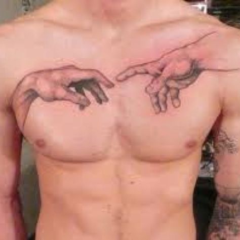 Amazing tattoo!!! God's Touch Tattoo, Creation Of Adam Chest Tattoo, God Touching Man Tattoo, Adam Touching Gods Hand Tattoo, Two Fingers Touching Tattoo, The Creation Of Adam Aesthetic, Michaelangelo Hands Tattoo, Touch Of God Tattoo, Michaelangelo Tattoos