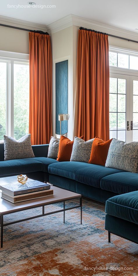 The harmonious mix of neutral furniture and bold burnt orange accents transforms this living room into a stylish retreat. Burnt Orange Living Room Ideas, Orange Living Room Ideas, Modern Living Room Blue, Burnt Orange Accents, Blue And Orange Living Room, Burnt Orange Living Room, Orange Tips, Orange Living Room, Orange Couch