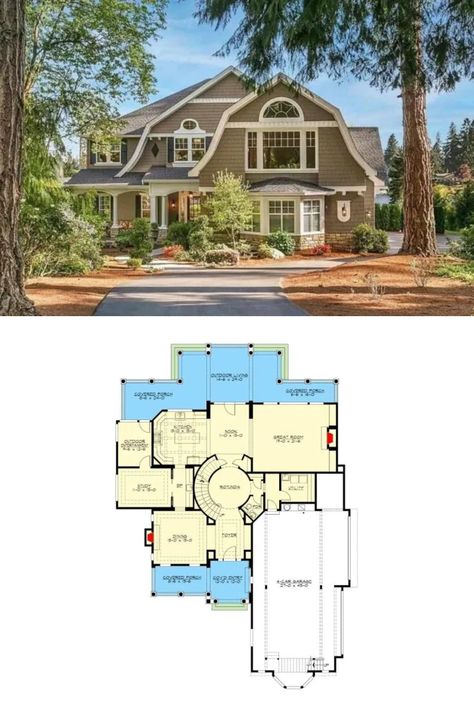 4,400 Sq Ft Two-Story Newport Style Home House Plan with Balcony and Gambrel Roofs (4-Bedroom) Newport Style House Plan, Newport Style Home, House Plan With Balcony, 400 Sq Ft House, White Built Ins, Second Floor Balcony, Niche Wall, Taupe Walls, Southern Traditional