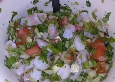 Ceviche de camaron mexicano Receta de kizzie01- Cookpad Conch Salad, Ceviche Recipe, Ceviche, Tostadas, Tomato Salsa, Potato Salad, Appetizer Recipes, Tapas, Salsa