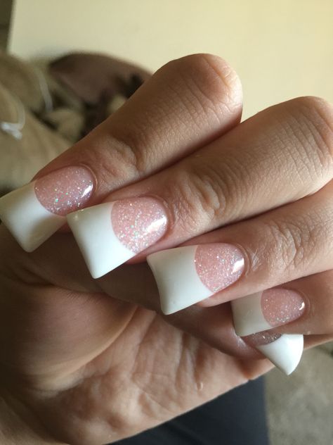 Nails sparkle pink and white flare  jersey style Pink White Sparkle Nails, Pink And White Sparkle Nails, Pink And White Glitter Nails French Tips, Light Pink Sparkly French Tip Nails, Sparkling Pink French Tip Nails, Long French Nails, White Flares, French Nails, Sparkle