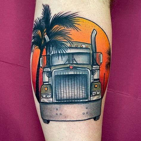 Truck Tattoo Design, Semi Truck Tattoo, Trailer Tattoo, Truck Tattoo Ideas, Trucker Tattoo, Cards Aesthetic, Truck Tattoo, Sunset Tattoo, Tatuagem Masculina Pequena