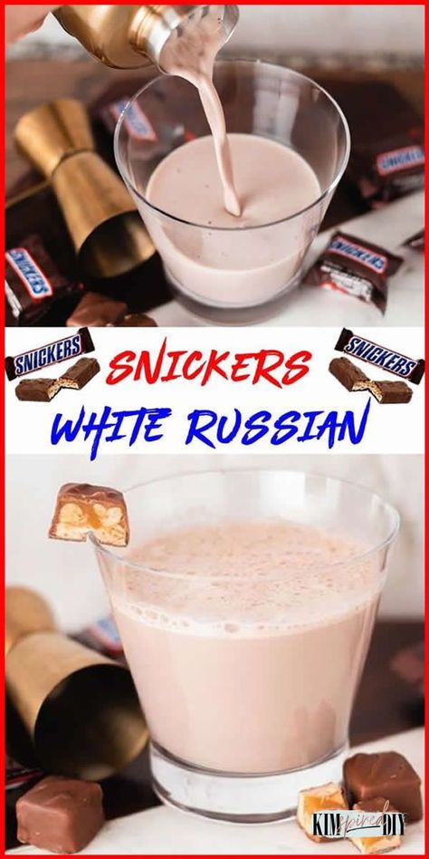 Chocolate Liquor Drinks, Chocolate White Russian, Dessert Drinks Alcohol, Russian Candy, Snickers White, White Russian Recipe, Snickers Dessert, Drinks Alcohol Recipes Easy, White Russian Recipes