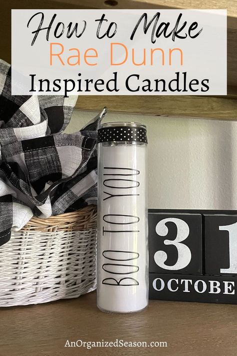 A Rae Dunn-inspired Halloween candle that says "Boo to you" sitting by a basket and wood calendar blocks! Disney Candles Diy, Vinyl On Candles, Dollar Tree Halloween Candles, Dollar Tree Candles Cricut, Dollar Tree Candles Diy, Halloween Candle Ideas, Cricut Candles, Candles For Halloween, Printer Crafts