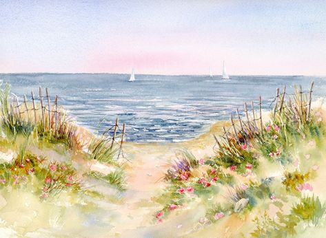 Cape Cod Sailboats Beach Roses Watercolor Print, Coastal Wall Art, Seascape Painting by LynneValeriArtStudio on Etsy Cape Cod Wall Art, Cape Cod Painting, Summer Widgets, Beach Roses, Hamptons Art, Seaside Wall Art, Roses Watercolor, Coastal Painting, Beach Watercolor