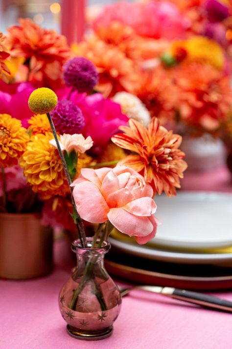 Wedding Decor Ideas Colorful, Colorful Votives Wedding, Indian Wedding Flower Arrangements, Bright Floral Party Decorations, Indian Floral Arrangements, Indian Flower Arrangements, Indian Wedding Florals, Colorful Wedding Tables, Indian Wedding Table Decor