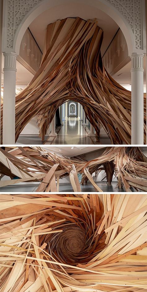 Giant Ribbons of Wood Form Twisting Root Structures in Expansive Installation Installation Architecture, Black Backsplash, Organic Architecture, Art Installation, Wooden Art, Land Art, Wood Cabinets, Nautilus, Amazing Architecture