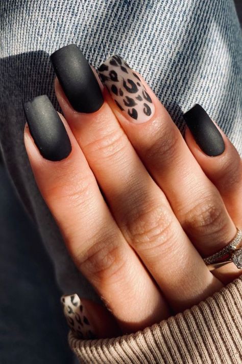 Black And Leopard Nails, Black Leopard Nails, Black Nail Ideas, Leopard Nail Art, Cheetah Print Nails, Cheetah Nail Designs, Nails Designs Short, Pride Nails, Matte Black Nails