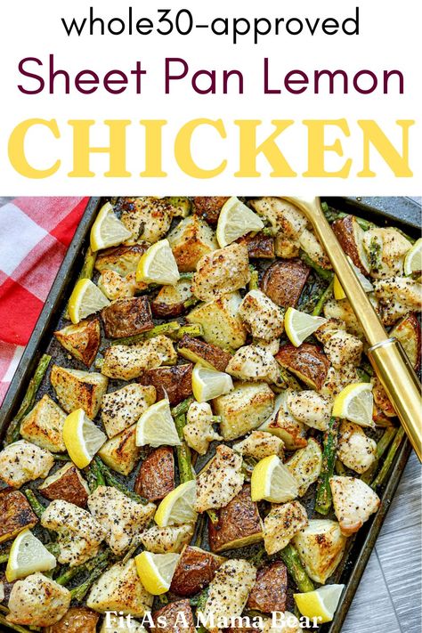 Bursting with flavor this sheet pan recipe has a refreshing burst of lemon garlic on top of roasted potatoes, asparagus, and tender bites of chicken. @fitasamamabear Garlic Sheet Pan Chicken, Pan Asparagus, Chicken Sheet Pan Dinner, Potatoes Asparagus, Chicken Sheet Pan, Gluten Free Chicken Recipes, Lemon Garlic Sauce, Dinner Party Dishes, Sheet Pan Dinners Chicken