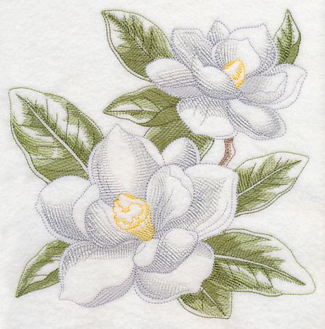 Sketched Magnolia design (J9019) from www.Emblibrary.com Magnolia Sketch, Magnolia Embroidery, Embroidery Library Design, Floral Bathroom, Freestanding Lace Embroidery, Embroidery Design Download, Machine Embroidery Projects, Towel Kitchen, Embroidered Towels