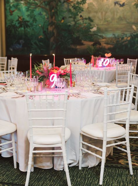 Neon Wedding Centerpieces, Neon Table Numbers Wedding, Pink Neon Wedding Sign, Neon Table Sign, Neon Tropical Wedding, Neon Wedding Reception, Neon Table Numbers, Neon Wedding Flowers, Neon Light Centerpieces