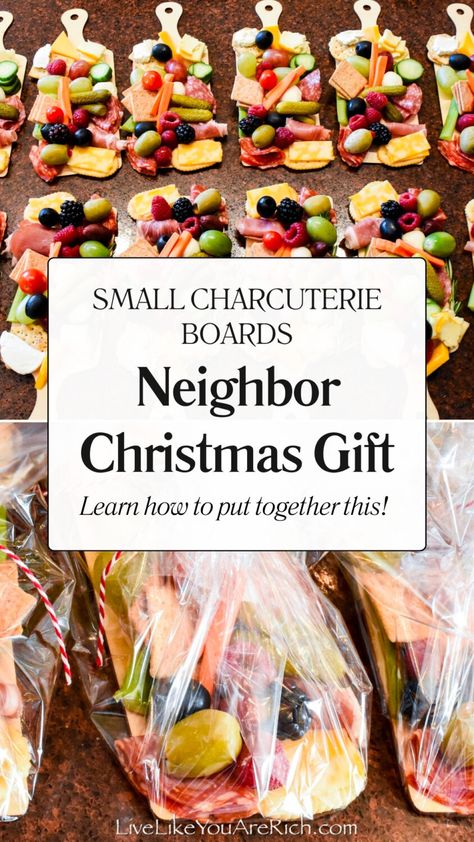 Neighbor Christmas Gift Small Charcuterie Boards - Live Like You Are Rich Gifting A Charcuterie Board, Gift Charcuterie Board Ideas, How To Gift A Charcuterie Board, Christmas Charcuterie Board Gift Ideas, Christmas Charcuterie Box Ideas, Mini Charcuterie Board Gift Ideas, Mini Christmas Charcuterie Board, Charcuterie Christmas Gift, Christmas Neighbor Gifts Ideas