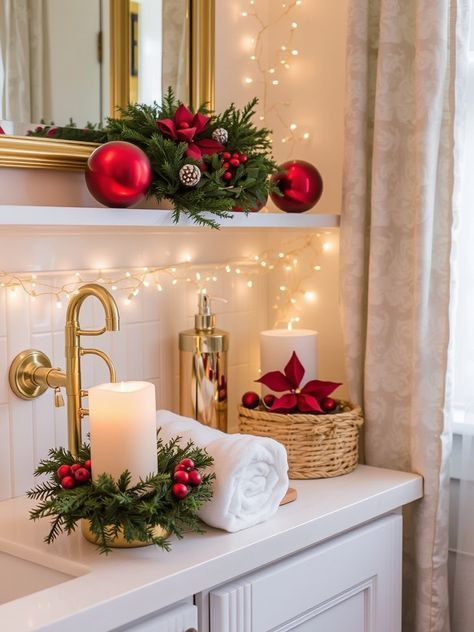 Bathroom Decor Christmas Ideas, Small Bathroom Christmas Decor Ideas, Christmas Bathroom Decor Ideas Simple, Restroom Christmas Decor, Decorating Bathroom For Christmas, Christmas Bathroom Decor Small Spaces, Christmas Bathrooms, Cheerful Bathroom, Christmas Bathroom Ideas