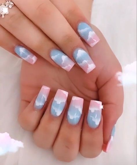 Nails With Clouds, Blue Ombré Nails, Blue Ombre Nails, Sunset Nails, Ombré Nails, Sky Nails, Pink Ombre Nails, Diy Acrylic Nails, Ombre Acrylic Nails