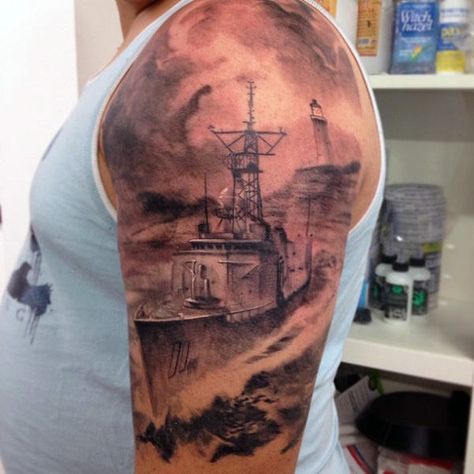 Realistic Mens Half Sleeve Navy Ship Tattoos Ship Sleeve Tattoo, Us Navy Tattoos, Naval Tattoos, Marine Tattoos, Poppy Tattoos, Tattoo Half Sleeve, Grandpa Tattoo, Nautical Tattoo Sleeve, Navy Tattoos