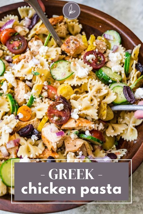 Mediterranean Chicken Pasta Salad, Italian Chicken Pasta Salad, Salads With Chicken, Firehouse Recipes, Chicken And Feta, Mediterranean Chicken Pasta, Grilled Chicken Pasta Salad, Pasta Salad With Chicken, Greek Chicken Pasta