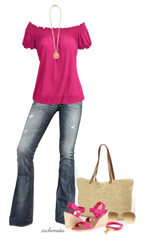 "Fuschia for Summer" by archimedes16 ❤ liked on Polyvore featuring True Religion, Straw Studios, Ray-Ban, Lauren Ralph Lauren, Tory Burch, Juicy Couture, women's clothing, women, female and woman Fuschia Top Outfit, Fushia Top Outfit, Fuschia Top, Looks Jeans, Top Outfit, Summer Styles, Fashion Sets, Spring Summer Outfits, Summer Wear