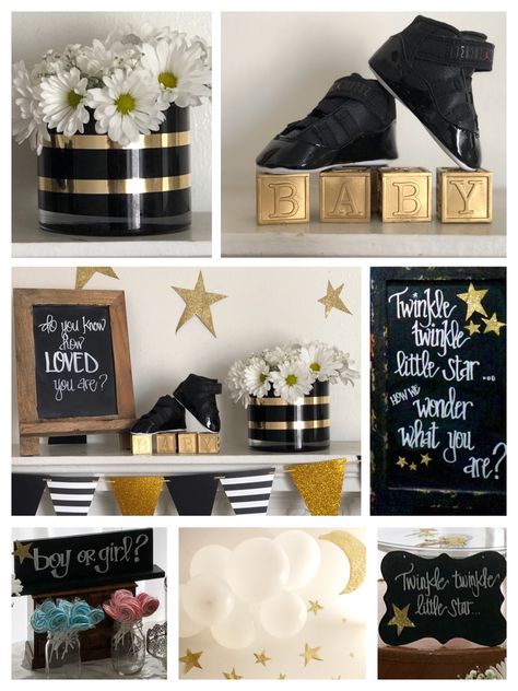 Did a super simple gold, black, & white twinkle twinkle gender reveal. Black And Gold Gender Reveal Ideas, Black And White Gender Reveal Ideas, Black Gender Reveal Ideas, Gender Reveal Ideas Black And White, Black And Gold Baby Shower Ideas, Black And White Gender Reveal Party, Black White And Gold Gender Reveal, Black And White Gender Reveal, Black Gender Reveal Balloon