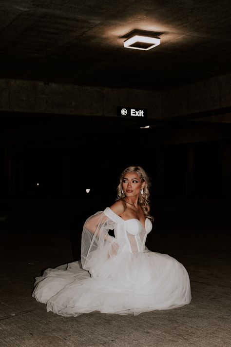 Flash photo of bride in parking garage Bride Flash Photography, Photo Of Bride, 21st Birthday Photoshoot, Flash Photo, Bride Poses, Fayetteville Nc, Parking Garage, Flash Photography, Nikon Photography