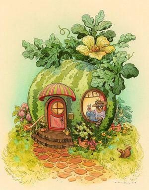 Fruit House Series — NIMASPROUT Fairy House Drawing, Fruit House, Seni Mural, House Series, Storybook Art, Fantasy Paintings, Lukisan Cat Air, House Drawing, Dreamy Art