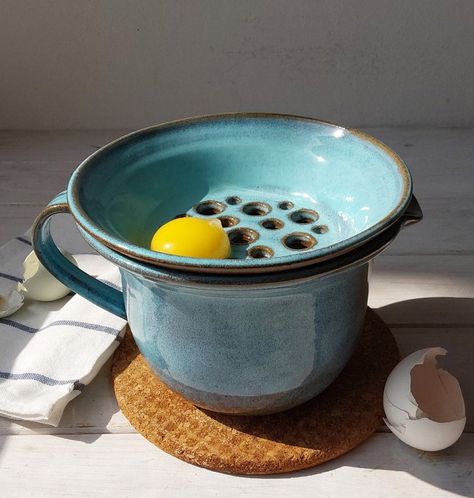 Blue and Brown Egg Yolk and White Separator, Ceramic Egg Separator and Mixing Bowl Set - Etsy Egg Yolk Separator Ceramic, Egg Separator Ceramic, Egg Cups Ceramic, Texture On Pottery, Ceramic Egg Cooker, Fun Pottery, Ceramic Egg Holder, Brown Egg, Egg Separator