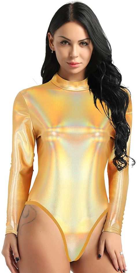 Long Sleeve Gymnastics Leotards, Metallic Leotard, Long Sleeve Leotard, Leotard Bodysuit, Nightclub Party, Rave Outfit, Body Suit Outfits, Jumpsuit Elegant, Jumpsuit Pattern