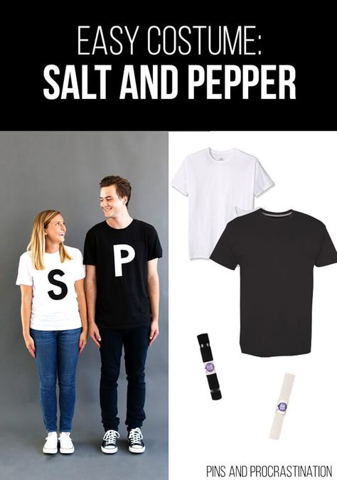 13 Easy Last Minute DIY Halloween Costumes - Pins and Procrastination Easy T Shirt Halloween Costumes, Salt Pepper Costume, Easy Diy Halloween Costumes For Couples, Easy Couples Halloween Costumes Last Minute, Salt And Pepper Costume, Last Minute Diy Halloween Costumes, Sims Costume, Harry Potter Kostüm, Karneval Diy