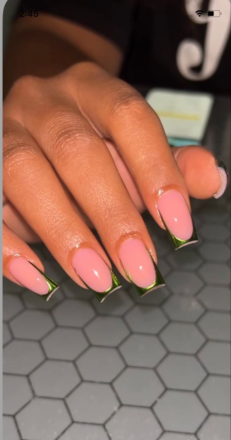 Green French Tip With Design, Green French Tip Square Nails, Green And White French Tip Nails, Green French Tips, Green French Tip, Nail Designs Ideas, Green French, Colored Acrylic Nails, Simple Acrylic Nails