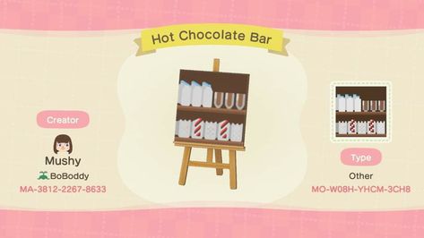 Hot Chocolate Bar Custom Design for Animal Crossing New Horizons Animal Crossing Hot Chocolate Stall, Acnh Hot Chocolate Stall, Animal Crossing Bar Ideas, Acnh Hot Cocoa Stand, Acnh Chocolate, Acnh Holiday Codes, Cafe Acnh, Acnh Cafe, Christmas Acnh