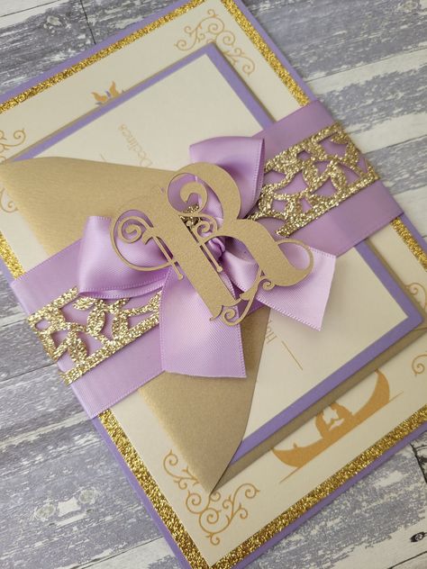 Rapunzel Wedding Invitations, Rapunzel Quinceanera Theme, Rapunzel Wedding Theme, Rapunzel Invitations, Cinderella Wedding Invitations, Rapunzel Wedding, Tangled Wedding, Quince Themes, Rapunzel Birthday Party