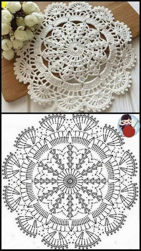 Crochet Mini Doily, Table Doily Crochet Pattern, Taplak Meja Crochet, Crochet Circle Pattern, Free Crochet Doily Patterns, Crochet Doily Diagram, Crochet Dollies, Crochet Symbols, Crochet Coaster Pattern