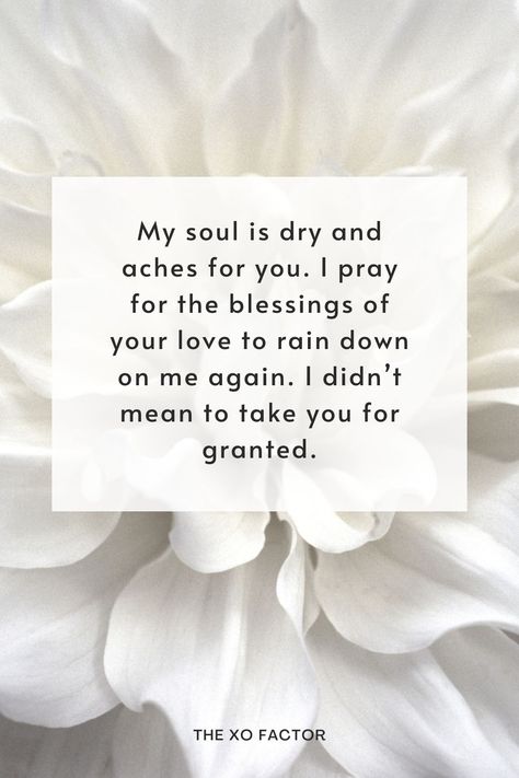 My soul is dry and aches for you. I pray for the blessings of your love to rain down on me again. I didn’t mean to take you for granted. Sorry Text, I Love You Dear, Take You For Granted, Sorry My Love, What Was I Thinking, Nothing Without You, Harsh Words, Sometimes I Wonder, Thought Quotes