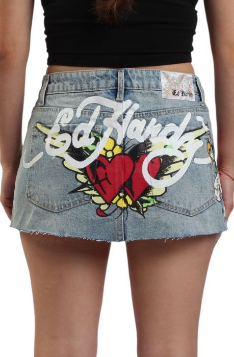 Embrace the Y2K revival with our vintage inspired denim mini skirts. Complete with archival Ed Hardy artwork and iconic logo. Half-zipper closure,button 5-pockets Screen-printed images  Model is wearing a size medium Gray Skirt Outfit, Denim Mini Skirts, Print Mini Skirt, Image Model, Iconic Logo, Ed Hardy, Gray Skirt, Denim Mini, Denim Mini Skirt