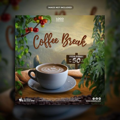 PSD coffee break social media post templ... | Premium Psd #Freepik #psd Break Social Media, Template For Instagram Post, Coffee Social Media, Coffee Poster Design, Post Template Design, International Coffee Day, International Coffee, Graphic Design Tutorials Learning, Graphic Design Infographic