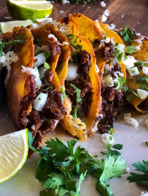 Beef Birria Quesa Tacos with Consome - CarnalDish Barrier Tacos, Mexican Plates Food, Taco Birria, Tacos Recipes Beef, Taco Dinner Ideas, Taco Dinners, Quesa Tacos, Latin Meals, Barrio Tacos