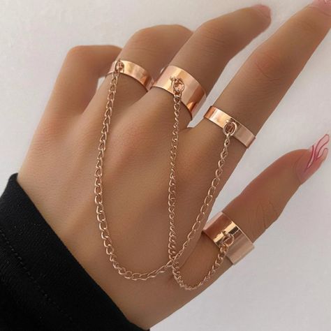 Rings 2pcs Chain Decor Mittens Jewelry Gold New Mix And Match Any Three Pieces For $25 Color: Rose Gold Material: Alloy Diameter 0.7 Fingers Rings, 4 Fingers, Hand Chain Jewelry, Small Band, Rock Rings, Mode Punk, Pretty Jewelry Necklaces, Chain Rings, Edgy Jewelry